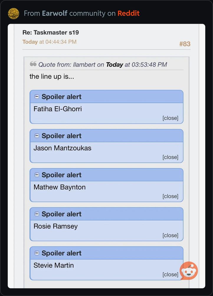 reddit post from earwolf community revealing s19 taskmaster contestants, which is still unconfirmed at the time