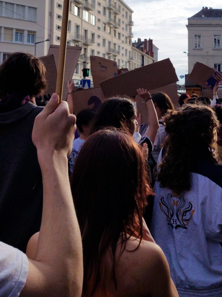 Dans le cortège de la manifestation, des jeunes de dos brandissent des pancartes en carton.