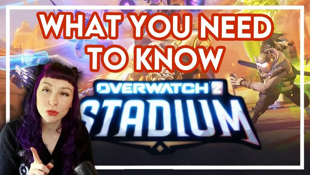 YouTube thumbnail featuring Overwatch characters in the background. there is text over the top that reads "What you need to know Overwatch Stadium". In the bottom-left is a photo of Mollie pointing.

