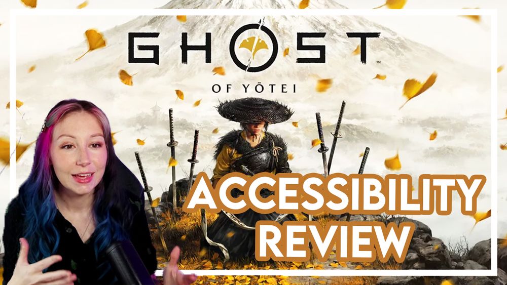 YouTube thumbnail with the Ghost of Yotei logo in the background. There is text in the bottom-right corner that reads "Accessibility Review". In the bottom-left is Mollie in the middle of talking and gesturing with her hands.