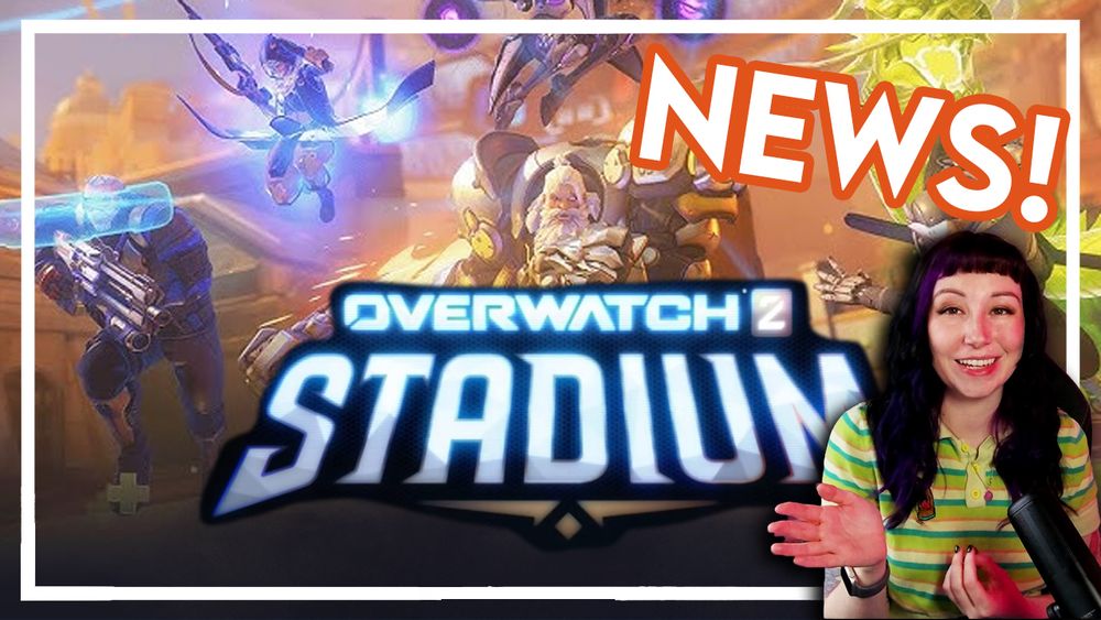 YouTube thumbnail with a screenshot of Mollie in the bottom-right. Behind her is large text that reads "Overwatch Stadium News!"