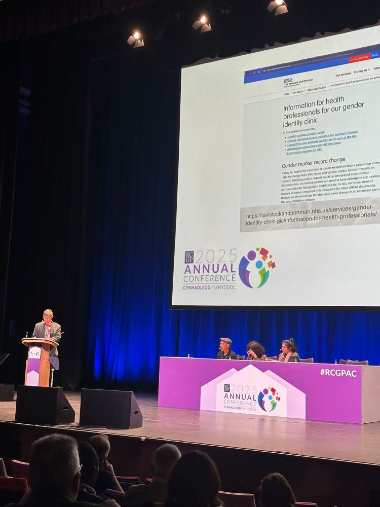 I am sitting with two other panellists behind a screen with one person speaking at the podium 