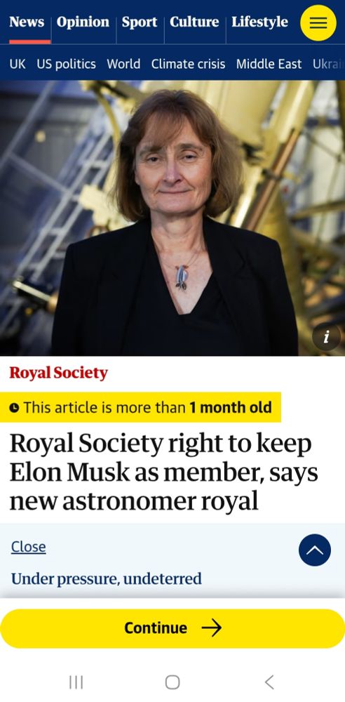 The Guardian article title:
Royal Society right to keep Elon Musk as member, says new astronomer Royal. 