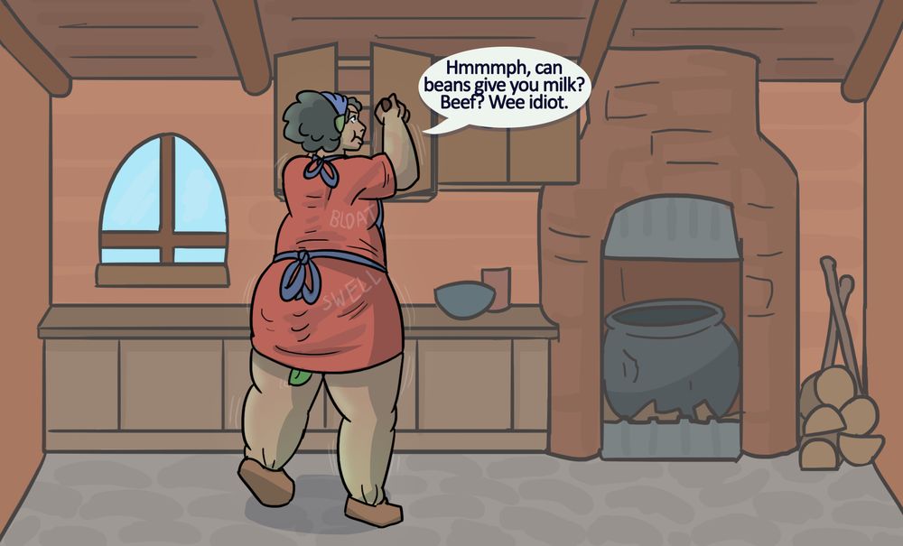 The woman grumbles, "Hmmph, can beans give you milk? Beef? Wee idiot."    
Unnoticed by her, she begins to swell significantly, filling out her dress as her ears broaden, her skin turning ochre-green, and a leafy tail begins to creep below her skirt. 