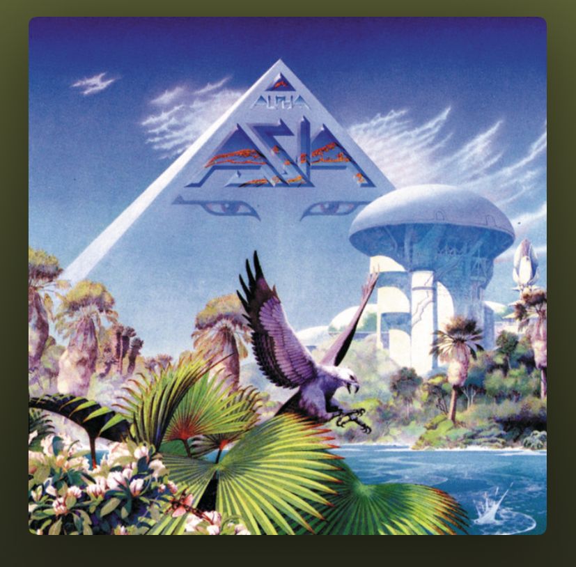 Artwork for album ‘Alpha’ by band Asia, even though it’s their 2nd album. There’s a giant pyramid, futuristic buildings , assorted birds…  don’t ask me why 