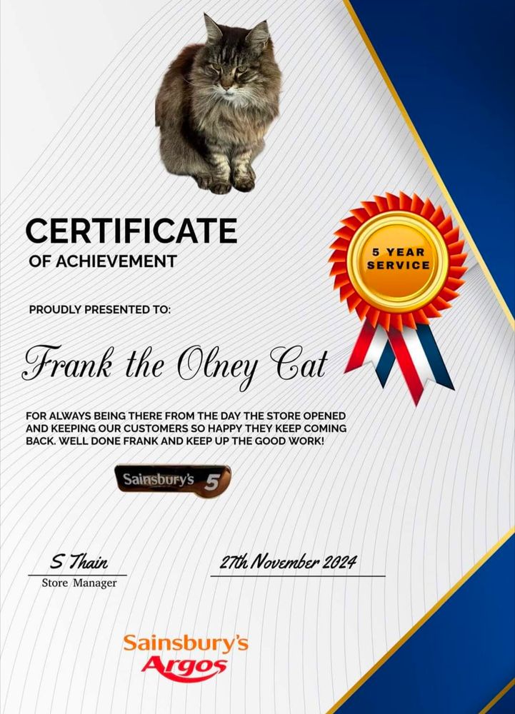 A certificate for Frank the Olney Sainsbury's cat. The certificate celebrates five years of Frank hanging out at the front door to the store, keeping all the customers happy ❤️