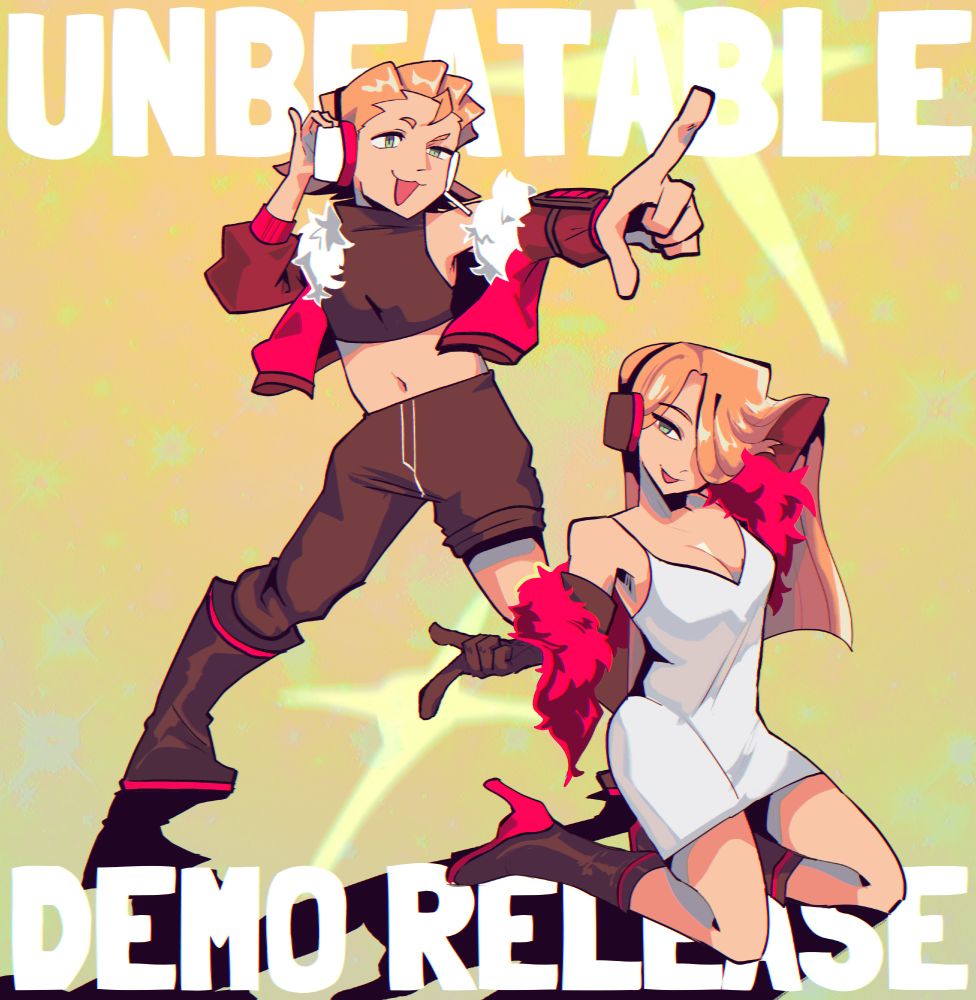 Illustration featuring Poco and Apoco from UNBEATABLE. They are both pointing at the viewer while striking poses.
