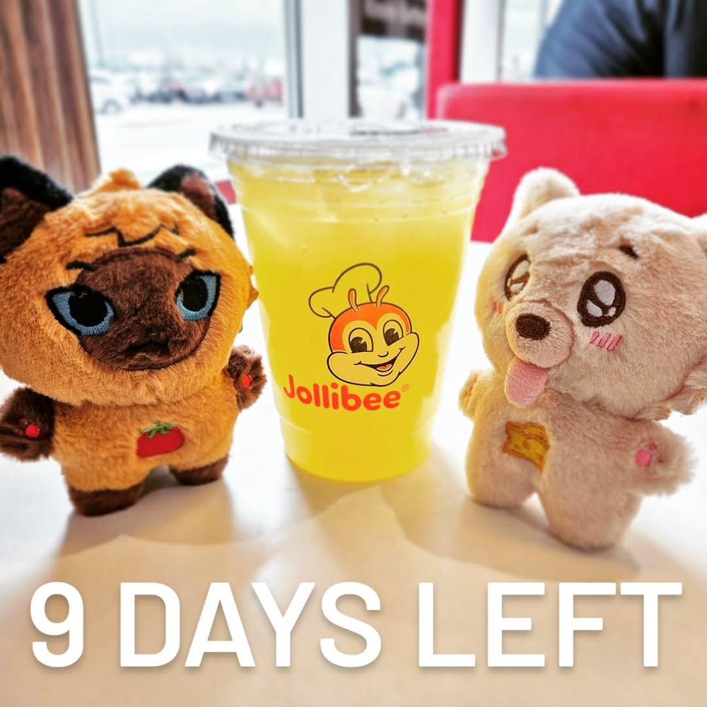 Graphic featuring Tomato Cat and Cheese Dog with the text "9 Days Left". They are next to a pineapple quencher from Jollibee.