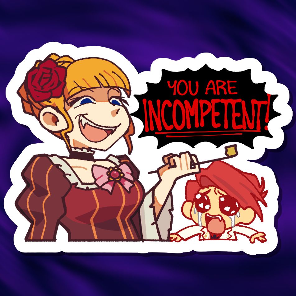 Sticker design featuring Beatrice and Battler from Umineko When They Cry. Beatrice is making her signature smug smile with her fangs showing, telling Battler in red "YOU ARE INCOMPETENT!" while Battler is crying underneath.