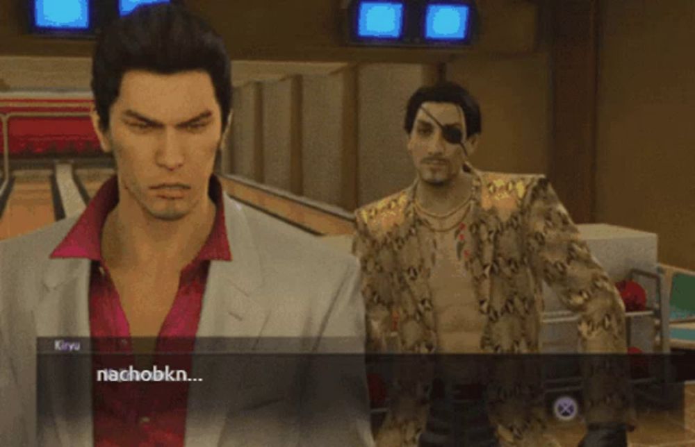 a video game character says nachobkn while another character looks on