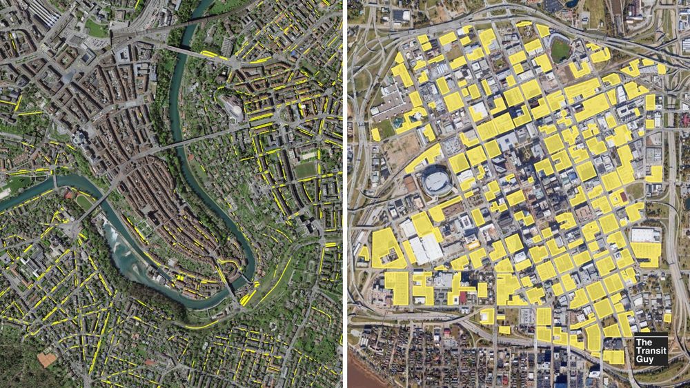 A side-by-side comparison of two aerial city views. On the left, a historic European city is shown with a winding river, dense building clusters, and curving streets. Yellow lines indicate parking along the streets. On the right, a North American downtown is shown in a grid layout, with numerous blocks highlighted in yellow to indicate parking lots. The image is labeled "The Transit Guy" in the lower right corner.
