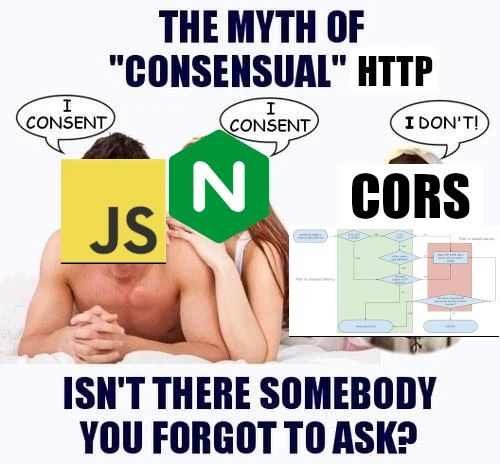 The myth of "consensual" HTTP:
Javascript consents. Nginx consents. CORS doesn't!
Isn't there someone you forgot to ask?