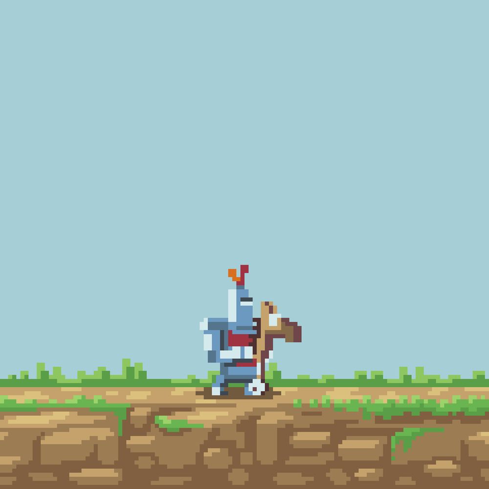 Showing some game art here: a knight and his hobby horse stand on a stony path.
