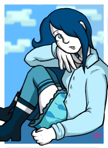 A digital drawing of a character belonging to the OP. The character is a woman with long, blue hair, pure white skin, and light blue eyes (though only one is visible). She wears an off-white blue button-up shirt, a teal skirt with raindrop patterns, darker teal thigh-high socks, and off-black blue boots.

In this drawing, her body is facing sideways, positioned with her knees bent up towards her chest, one arm down to the side, and the other resting atop her knees to hold her hand up underneath her face. Her face in particular is in a more forward angle than the rest of her body, and her visible eye looks up and to the right.

This drawing has a background which features a thin, white border and simplistic clouds drawn above a light blue. The bottom side of the canvas is colored a slightly darker shade than the primary background color and a small section in the top right is colored with a lighter shade.