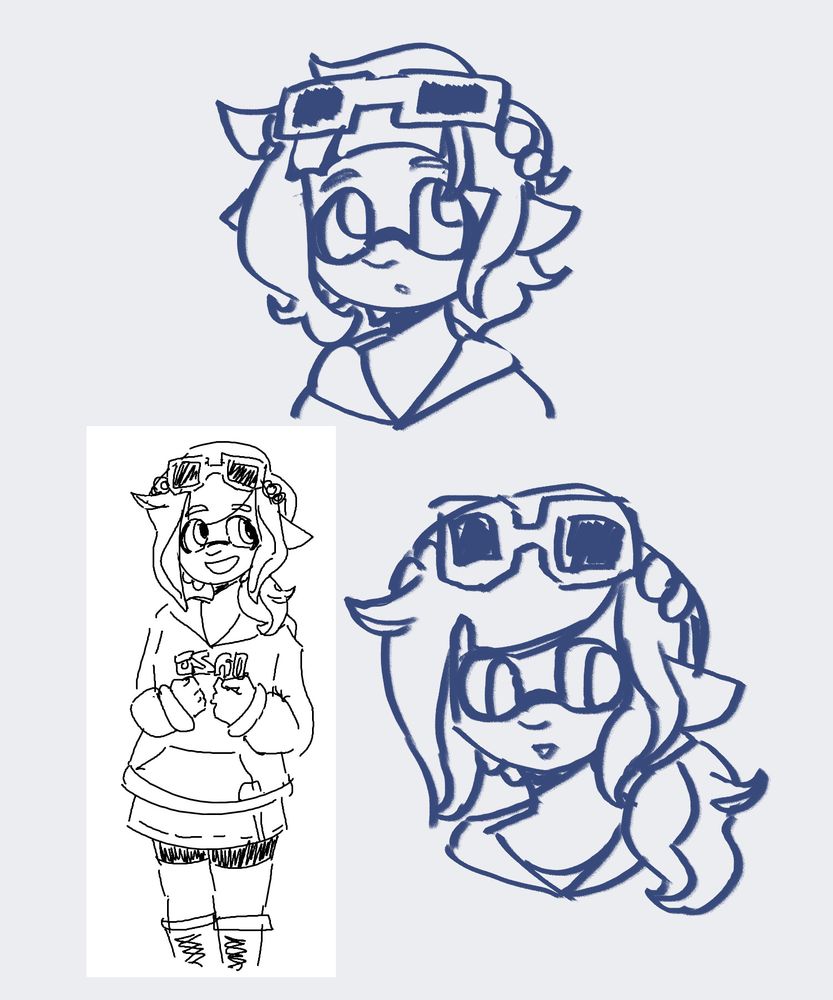 miscellaneous concept sketches, primarily of the character featured in the previous image. there is one sketch at the top of the image that instead features a canonical recreation of said character, drawn in a stylized version of the bedhead hairstyle in place of the customized hairstyle.