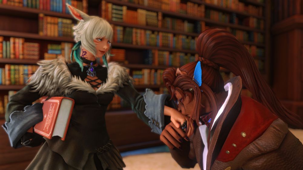 Clove kneeling and gingerly kissing Y'shtola's hand because she was scared to do anything else