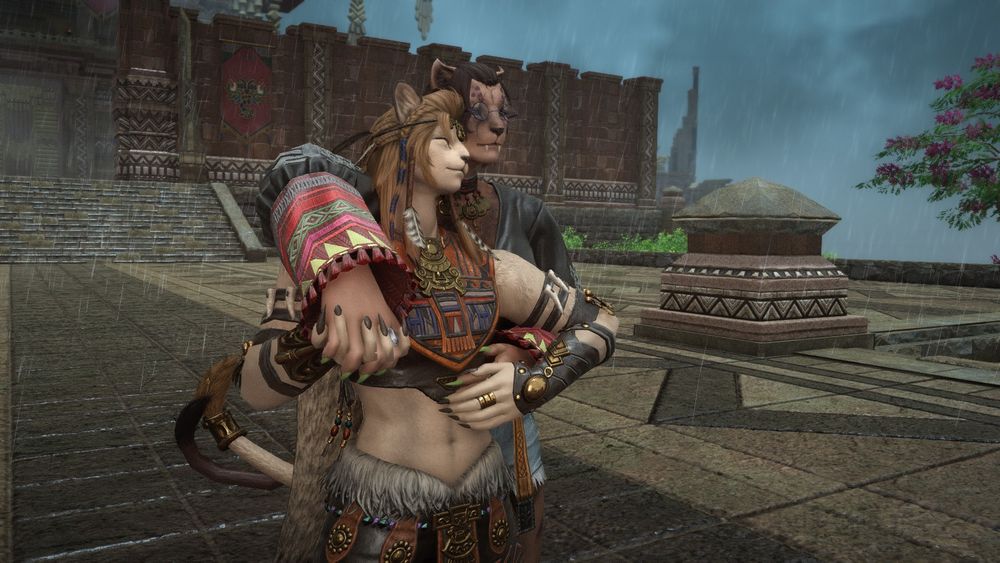 Same angle from the front. Wuk Lamat holds Clove's right hand around her shoulder, her left resting on the hand on her waist. Clove looks down over her new home with a peaceful smile while Lamaty'i leans into Clove with a look of contentment.
Things were uncertain, with the state of Alexandria up in the air as it was, but they both know that with the support of each other, and their treasured friends and family, they'll weather this storm and face the future stronger than ever.