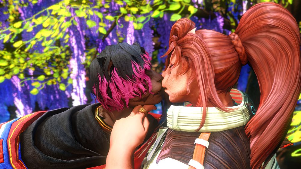 Closeup of Clove and R'amai kissing, Clove with two fingers on R'amai's chin.