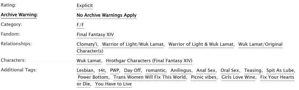 Screenshot of A03 Summary and tags
Rating:
Explicit
Archive Warning:
No Archive Warnings Apply
Category:
F/F
Fandom:
Final Fantasy XIV
Relationships:
Clomaty'iWarrior of Light/Wuk LamatWarrior of Light & Wuk LamatWuk Lamat/Original Character(s)
Characters:
Wuk LamatHrothgar Characters (Final Fantasy XIV)
Additional Tags:
Lesbiant4tPWPDay OffromanticAnilingusAnal SexOral SexTeasingSpit As LubePower BottomTrans Women Will Fix This WorldPicnic vibesGirls Love WineFix Your Hearts or DieYou Have to Live
Language:English