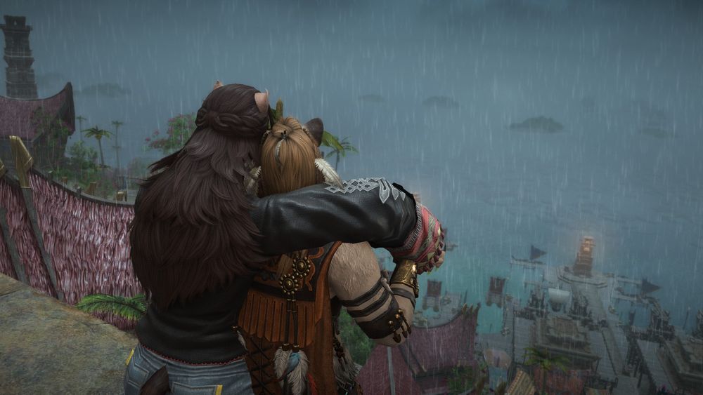 Clove and Wuk Lamat, seen from behind, standing next to each other, Clove's arm around Lamaty'i's shoulder. They stand on the ledge below Vollok Shoonsa, looking down over High Tide Harbour in a pouring rain.
They'd been taking a liesurely stroll through the town when the sudden downpour began, typical to this tropical climate. Laughing and yelling in exaggerated panic, they'd begun running for home when they reached this spot, and, smitten, Wuk Lamat stopped to savor the view.