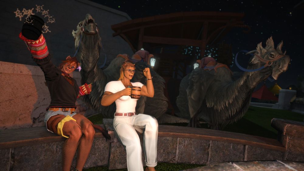 Closer angle of Clove and Kalena toasting their success. One Amaro looks slightly bemused at the bonfire, while the other makes amaro noises in jolly fellowship.