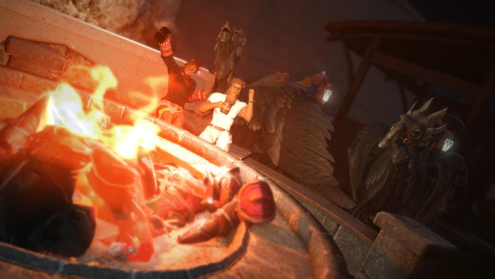 Clove and Kalena sit in front of a bonfire with their amaros behind them. Both have a glass of ale and raising a toast as they smile victoriously