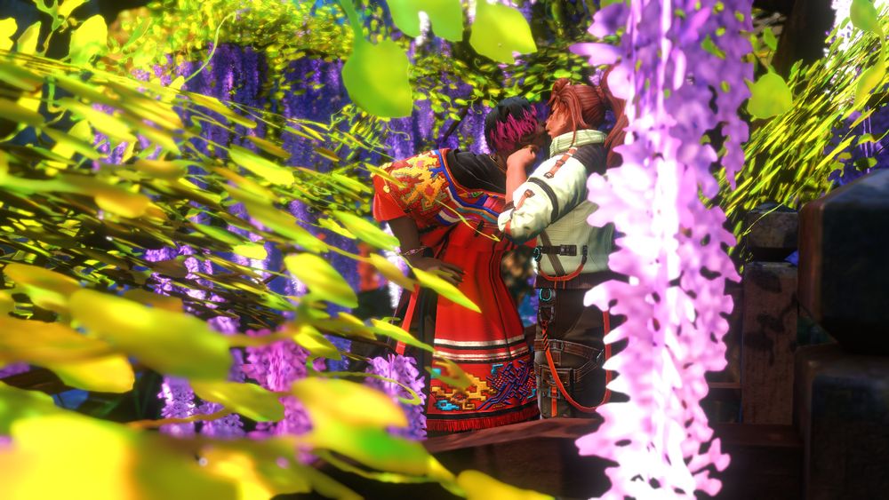 wide shot of Clove and R'amai on a bridge, seen through a frame of wisteria blooms as they lean in for a kiss