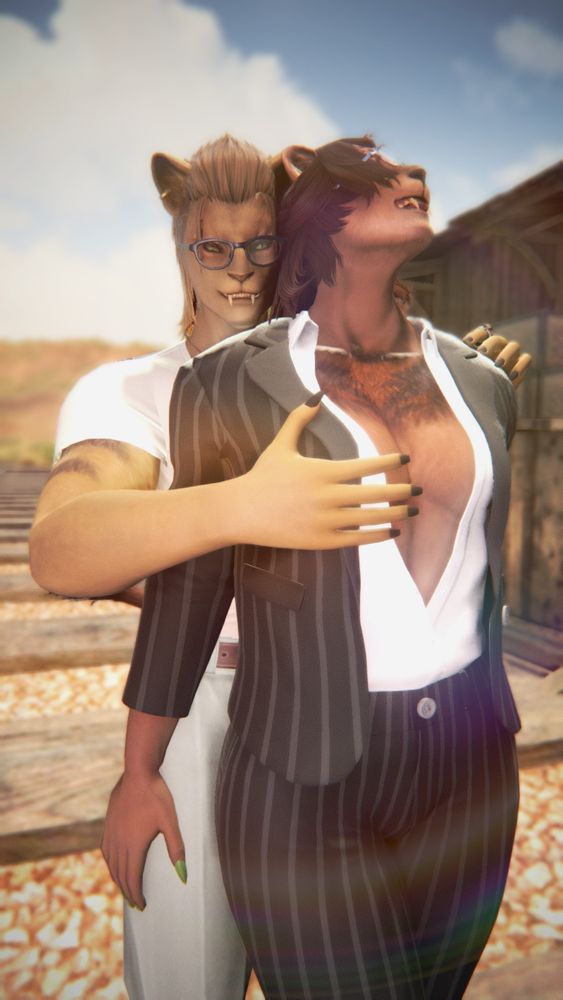 Clove and Kalena stand on the train tracks in Shaaolani. Clove is wearing an elegant pantsuit with an unbuttoned blouse revealing her cleavage. Kal stands close behind her in a white t-shirt and slacks with a big grin, one hand on Clove's shoulder and the other reaching around to cup her breast. Clove's right hand is reaching back to clutch Kal's thigh, her head tilting back and tongue sticking out in a pleased blep 