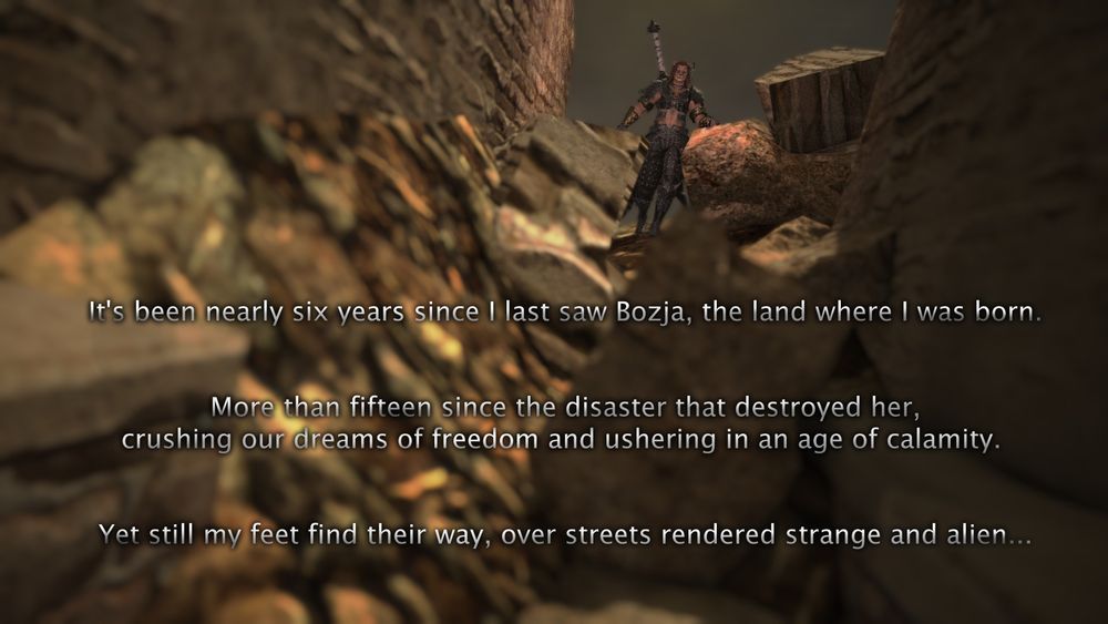 Clove picks her way through a narrow alley choked with debris, carefully finding her footing on the loose rock. 

Narration on screen reads, 
"It's been nearly six years since I last saw Bozja, the land where I was born.
More than fifteen since the disaster that destroyed her, crushing our dreams of freedom and ushering in an age of calamity.
Yet still my feet find their way, over streets rendered strange and alien..."
