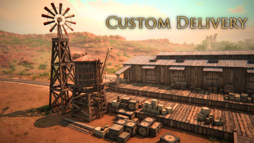 Wide establishing shot of the train depot in Shaaloani, located just past Sheshenewezi Springs. It's early morning, just past 9am. Text on screen displays the title "Custom Delivery"
