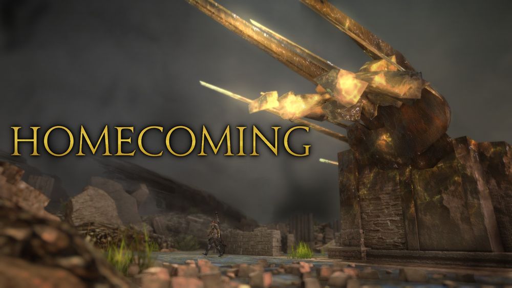 Title card "Homecoming," as Clove walks down the road, wending through rubble and under the blasted remains of Old Bozja.