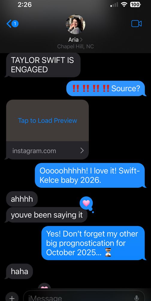 Screenshot of a text thread between my daughter and I about Taylor Swift’s engagement.