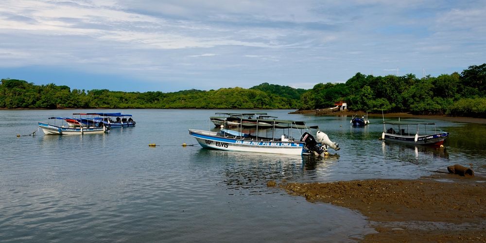 Kleine Fischerboote und Motorboote vor Anker im ruhigen Wasser des Hafens von Boca Chica. Das weiße Boot im Vordergrund trägt den Namen "ELVIS" am Rumpf. Üppige grüne Tropenvegetation säumt das Ufer unter einem bewölkten Himmel, mit einem kleinen Gebäude zwischen den Bäumen auf der rechten Seite der Bucht.
