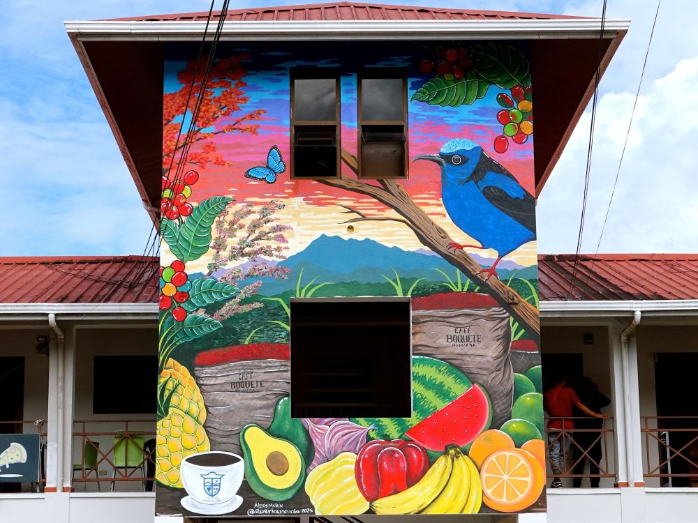Farbenfrohes Wandgemälde an der Fassade eines Gebäudes mit rotem Dach in Boquete, Panama. Das Mural zeigt eine tropische Landschaft mit einem blauen Vogel auf einem Ast, einem blauen Schmetterling, Bergen im Hintergrund, einem dramatischen Sonnenuntergang in Rosa- und Orangetönen, Kaffeekirschen an Zweigen, und im unteren Bereich eine Auswahl tropischer Früchte (Ananas, Avocado, Wassermelone, Bananen, Orangen, rote Paprika) sowie Kaffeesäcke mit der Aufschrift "Café Boquete Panama" und eine Kaffeetasse.