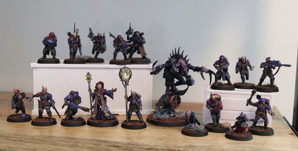 group shot of the Brood Brothers Kill Team. eighteen models! preposterous!