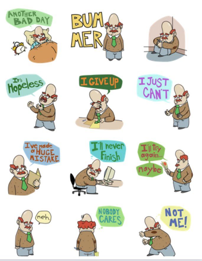 a collection of Teams stickers featuring Calamity Bert, a frumpy-looking cartoon character who is expressing his misery and desperation in various ways