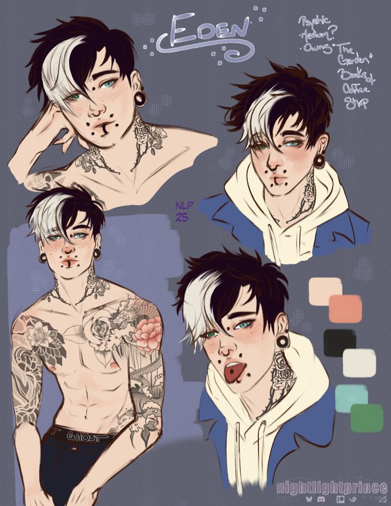A character design sheet with three headshot poses and one halfbody. It depicts Eden, an alternative male with tattoos, heterochromic eyes that are green and blue, piercings, gauges, and skunk hair. 
