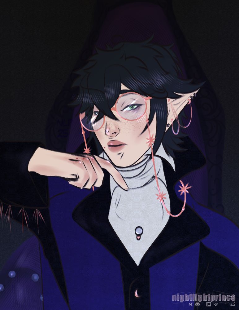 A portrait of Night holding his hand up to his chin. He appears regal, standing with a chair behind him. 