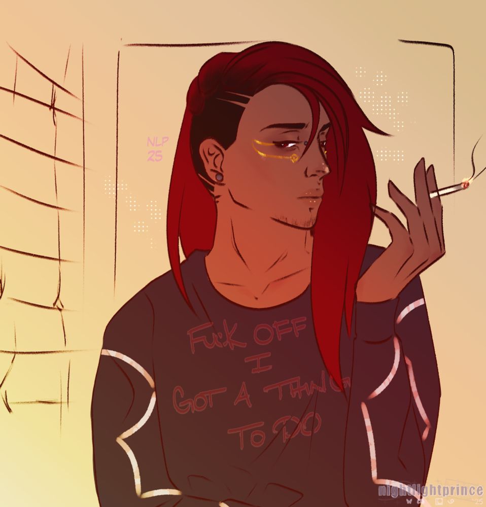 Uro takes a smoke break with a shirt that reads "Fuck off, I got a thing to do". It has reflectors on the sleeves. 

Uro is owned by estrangedcelestial!