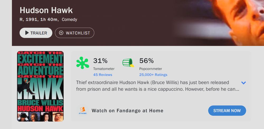 Rotten tomatoes page for Hudson Hawk, score 31%