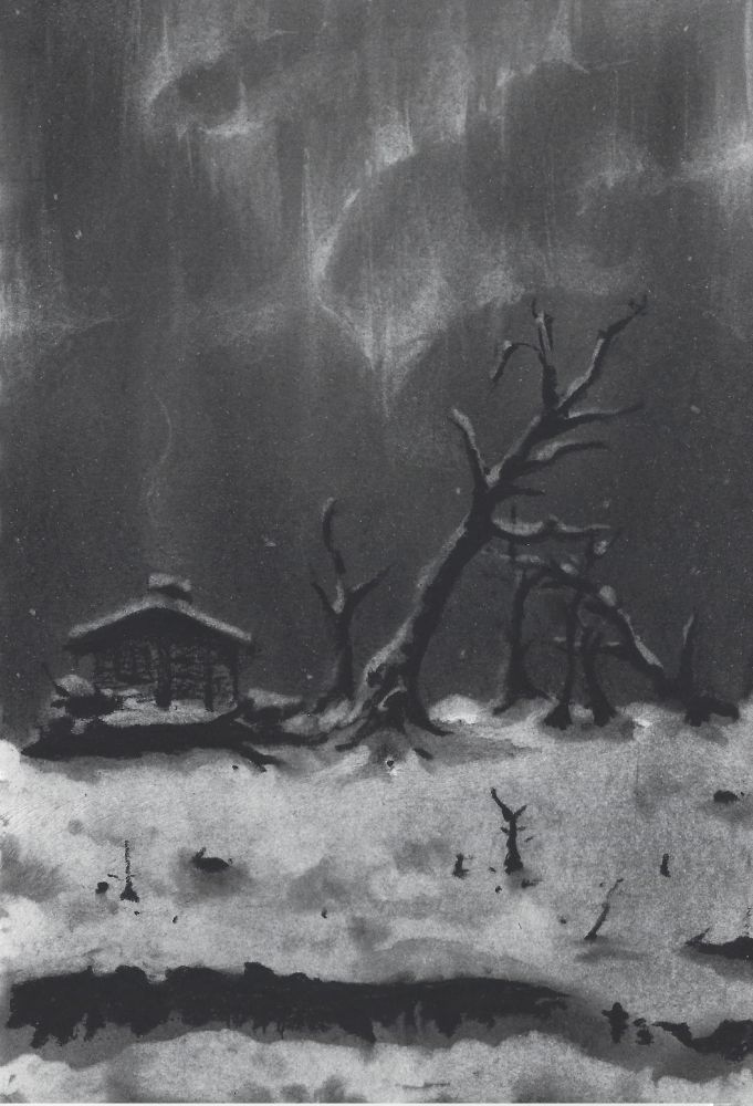 A charcoal sketch of a wintry cabin in the northlands, done by my lovely wife!