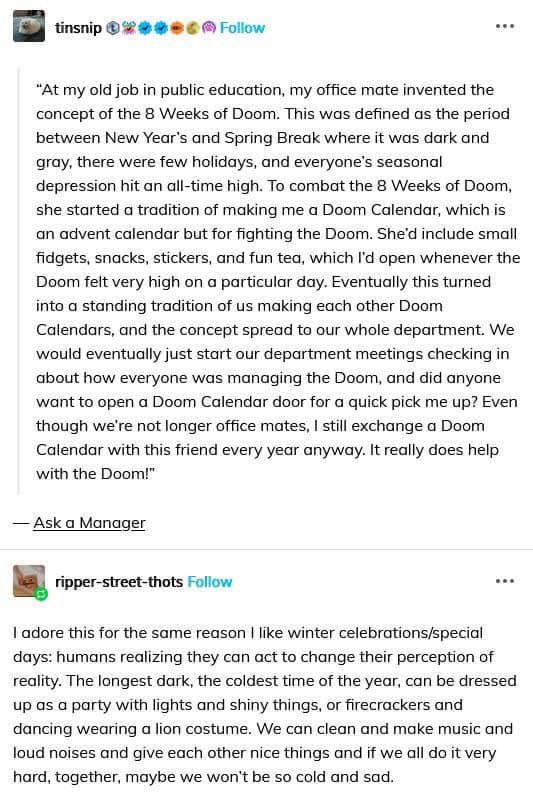 Screen grab of forum chat describing the creation of a “Doom calendar”, similar to an advent calendar with little pick-me-up items for helping people get through the days between new years and spring break. This idea was adopted by the whole office and then department. 