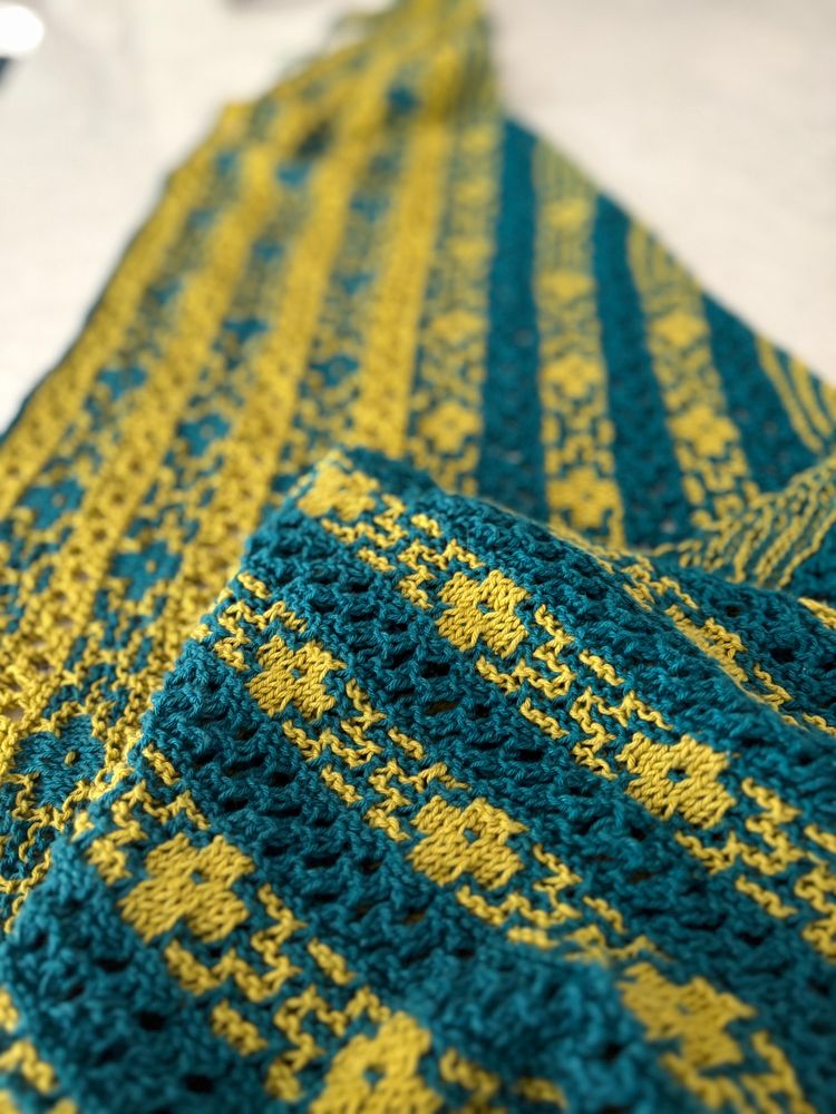 LaLaLilacs Shawl by Alina Appasava in Teal and Citronelle Cotton yarn. 
