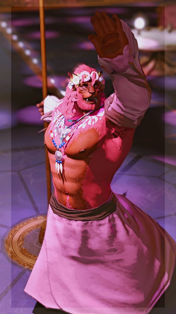 A Hrothgar dancing shirtless on a stage.