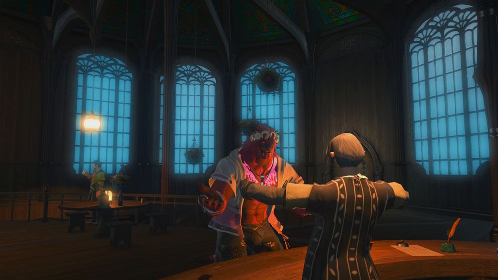 A Hrothgar talking to a woman.