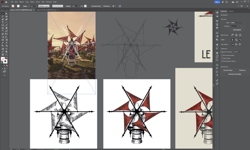 Rough drafts of what would eventually become the Bel Canto's signature Grey Fleet windmill vanes logo. The original concept was a vintage-inspired hatched illustration of a whole windmill, including the tower, traced from an in-game screenshot.