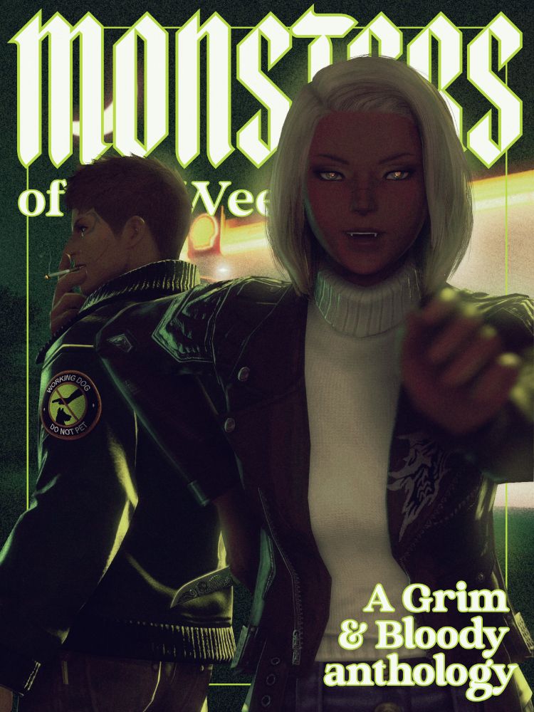 A FFXIV screenshot edit in the style of a TV series promo. Monsters of the Week, a Grim & Bloody anthology. A woman with reflective eyes and pointed fangs reaches towards the viewer with a dark smile and a knife at her back. Beside her, a man in a thick coat smokes a cigarette. A patch on his arm reads "working dog, do not pet".