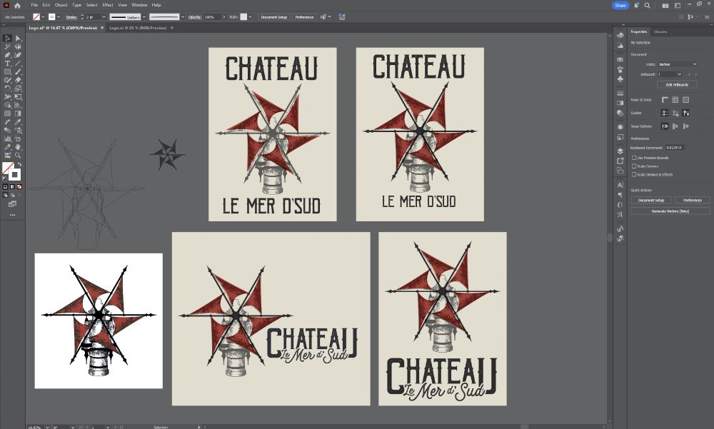 Four more iterations of the logo with a distressed linocut print style wordmark, showing the bones of the Bel Canto's eventual typographic style, with a script font and a stylized serif font, were laid from the start of the logo concept. The wordmark reads "Chateau le Mer d' Sud".