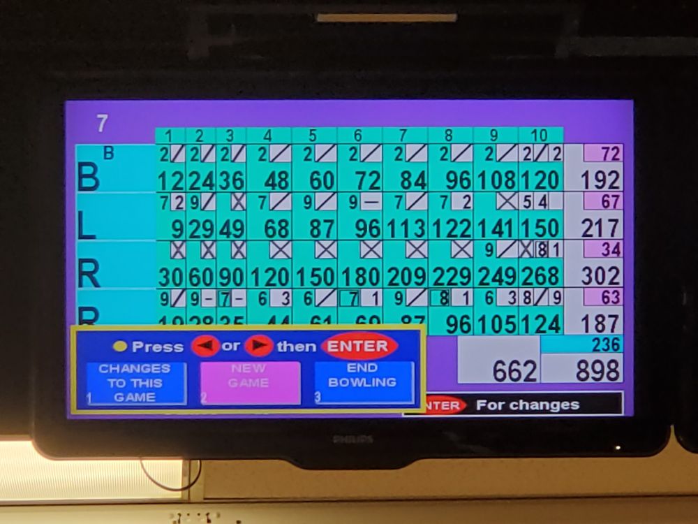 The results of a bowling game where Razur has 8 strikes in a row. The game total is 268.
