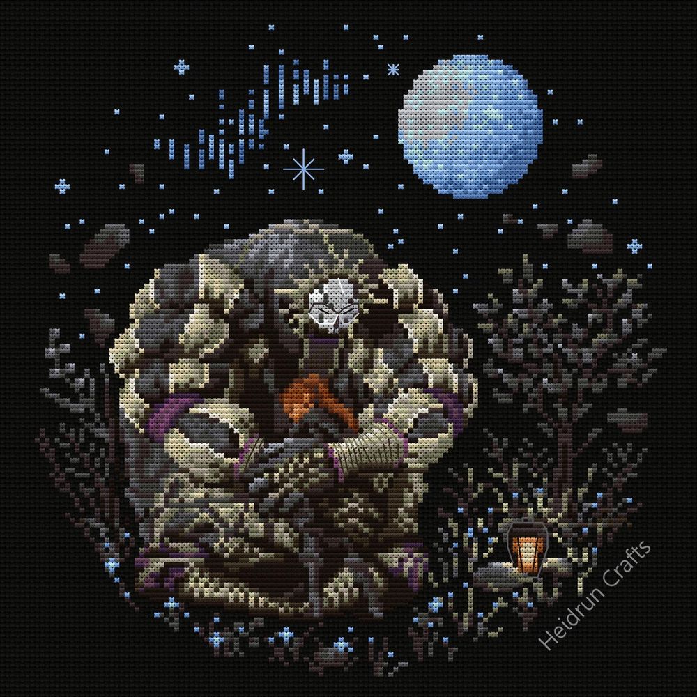 Esquie and Maelle hugging rendered as a cross stitch art. Found on reddit via: https://www.reddit.com/r/expedition33/comments/1kijig0/my_wife_made_a_cross_stitch_pattern_of_esquie_and/